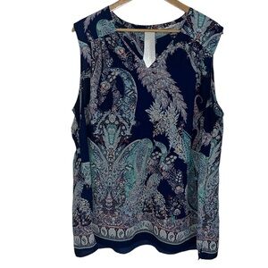 Blue Sleeveless Paisley Pattern Top V-neck w/Keyhole Detail on Back (3X)